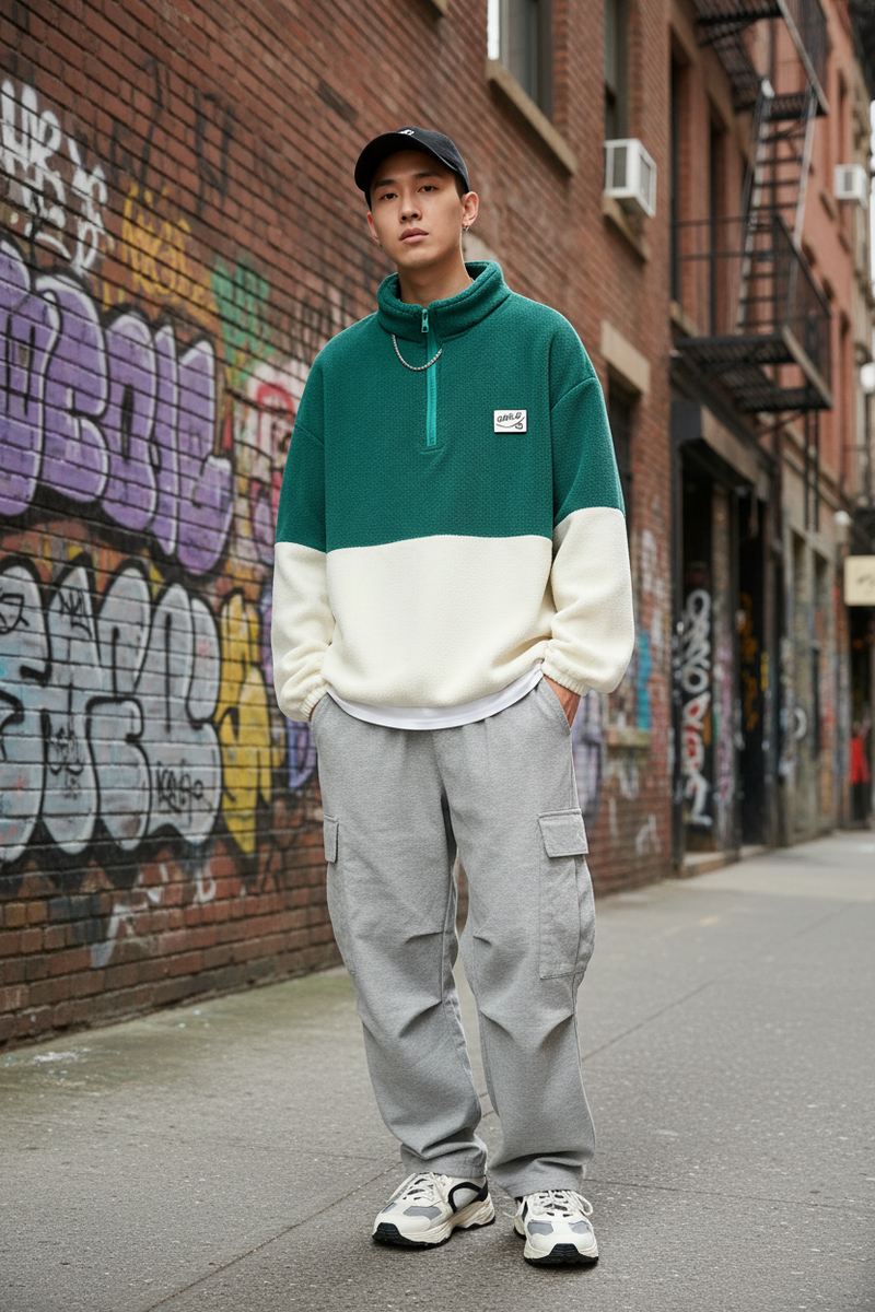 Veste en polaire à blocs de couleurs vert vintage, bordeaux, noir + blanc crème, automne/hiver, déplacements, à la mode, tissu doux et agréable pour la peau, col demi-zip pour des looks à la fois décontractés et soignés ! Coupe ample adaptée à différents