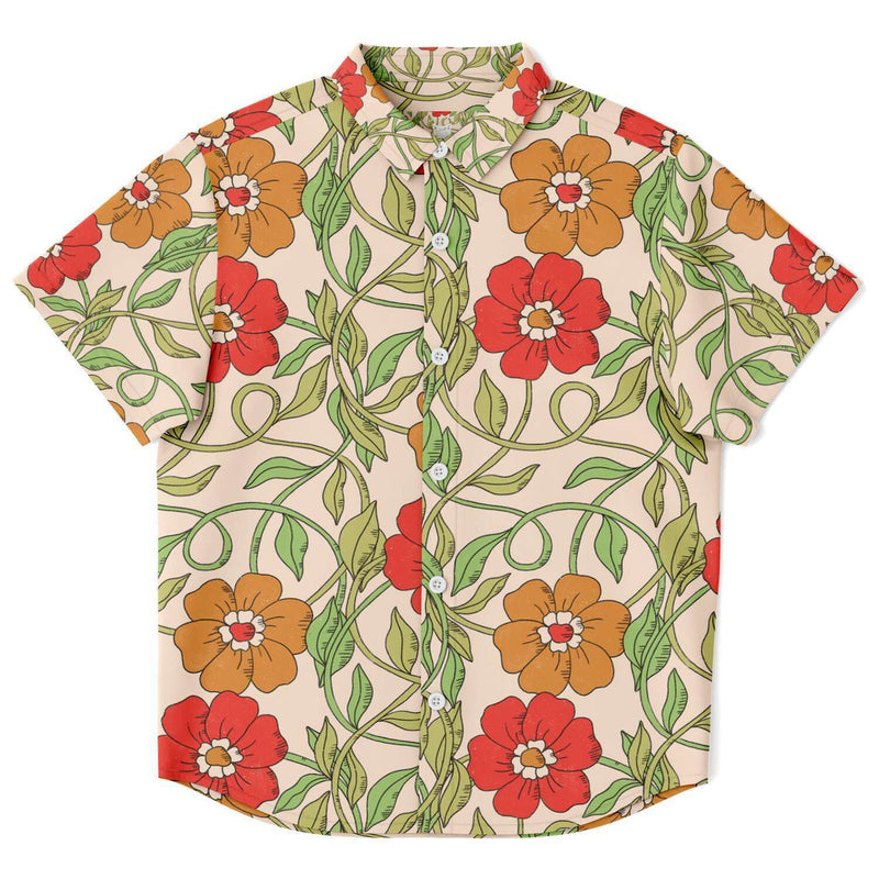 Chemise garçon originale beige à fleurs rouges manches courtes