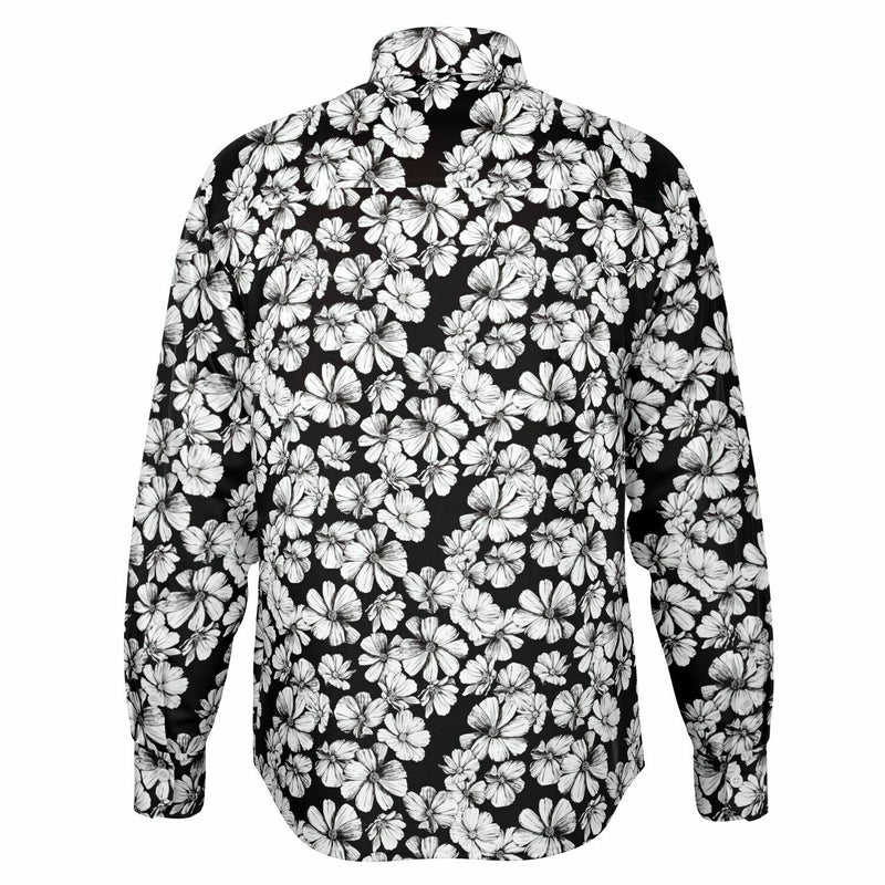CHEMISE HOMME originale fleurs blanches sur fond noir MANCHES LONGUES