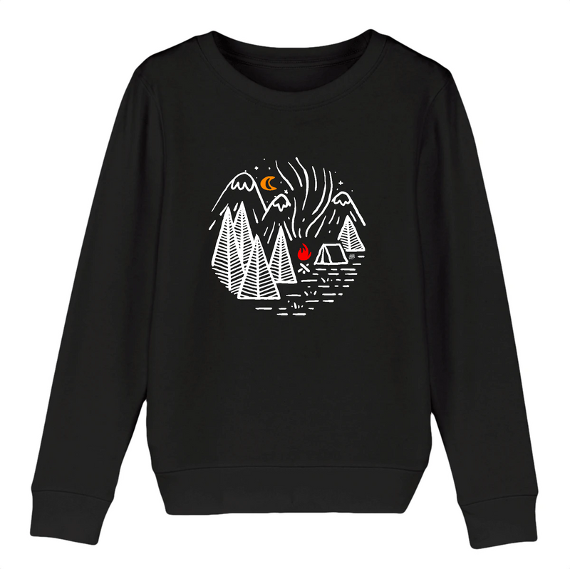 pull bbio noir enfant avec un dessin de camp scout avec feu de camp dans les montagnes
