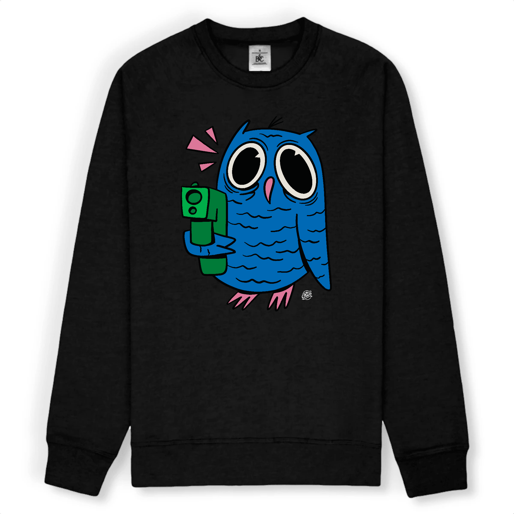 pull chouette bleue avec fusil