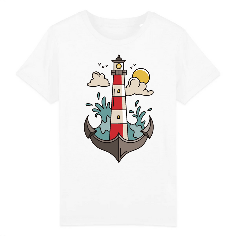 Tshirt enfant gris avec un phare des vagues des nuages et un soleil