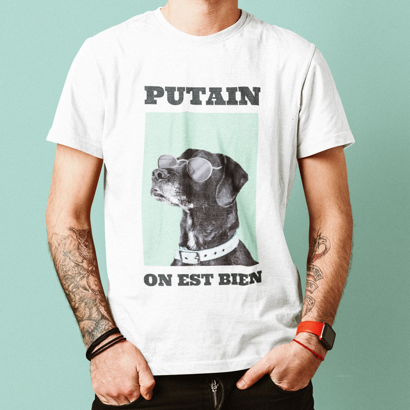 teeshirt humour chill putain on est bien avec un chien a lunettes