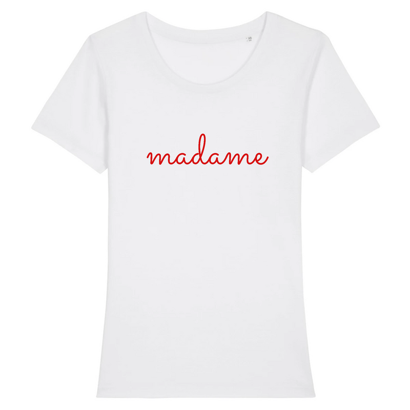 tshirt ecrit madame en rouge avec ecriture ecolier