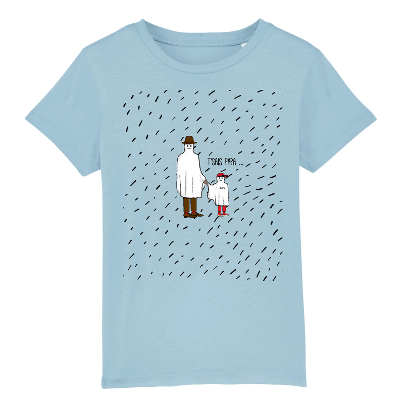 t shirt enfant pour la fete des peres avec un dessin de papa et fils déguises en fantomes ecrit tse papa cht aime