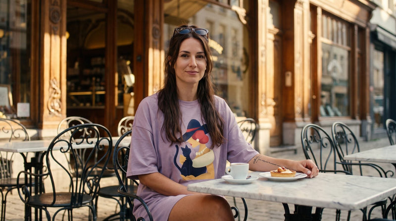 Femme portant une robe t-shirt oversize CHT'M en terrasse
