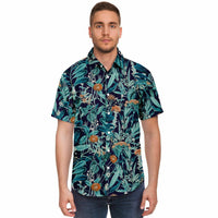 Chemise homme manches courtes jungle bleu canard, portée, vue de face