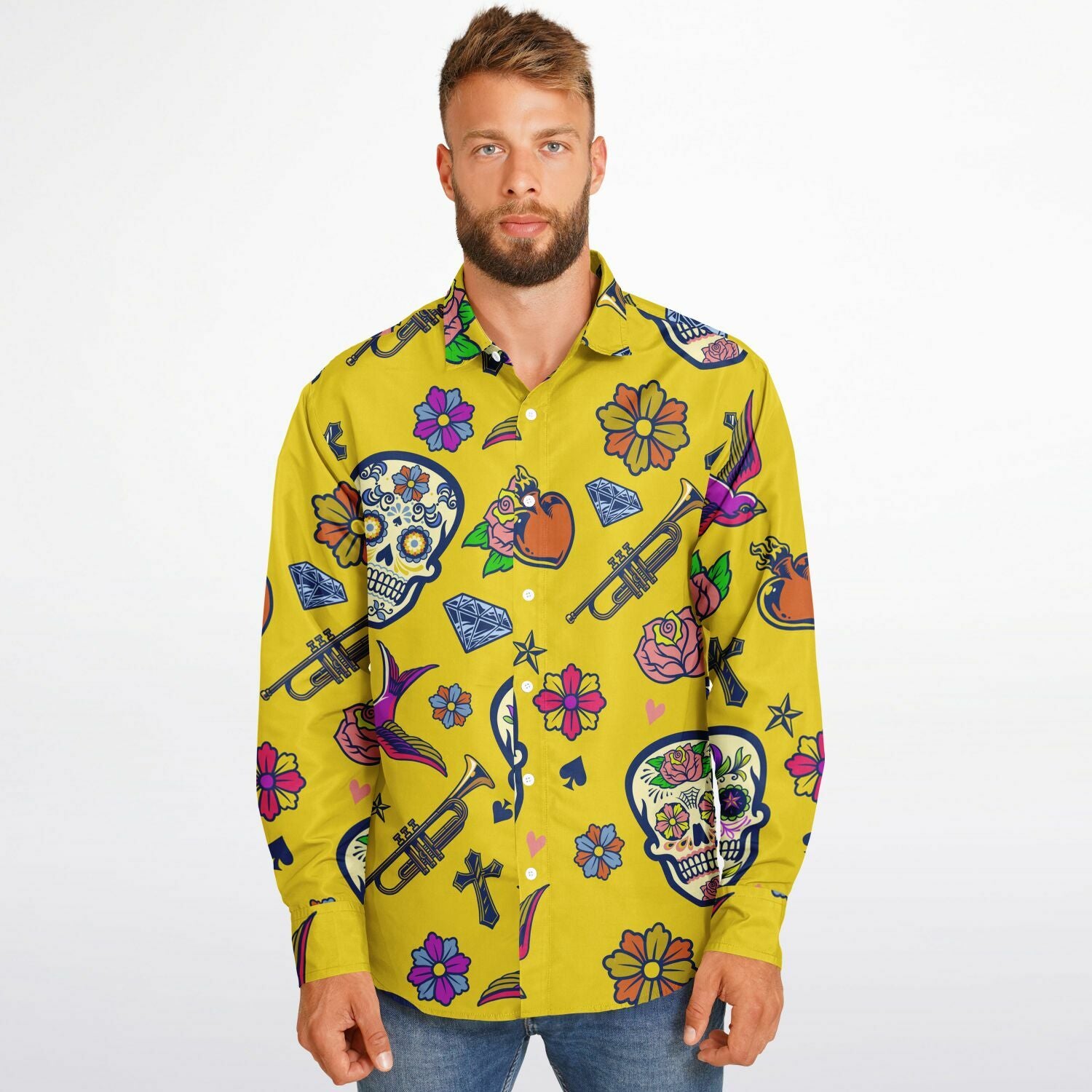 Chemise Homme jaune têtes de morts trompette et fleurs - Manches Longues