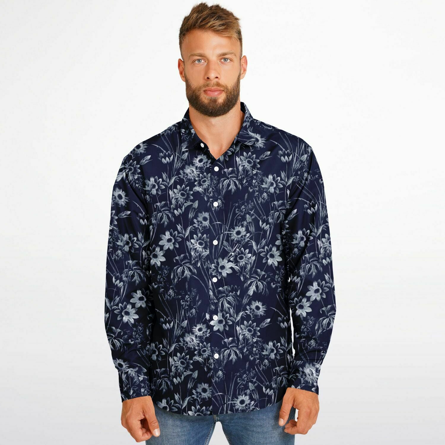 chemise à manches longues bleu marine avec motifs floraux