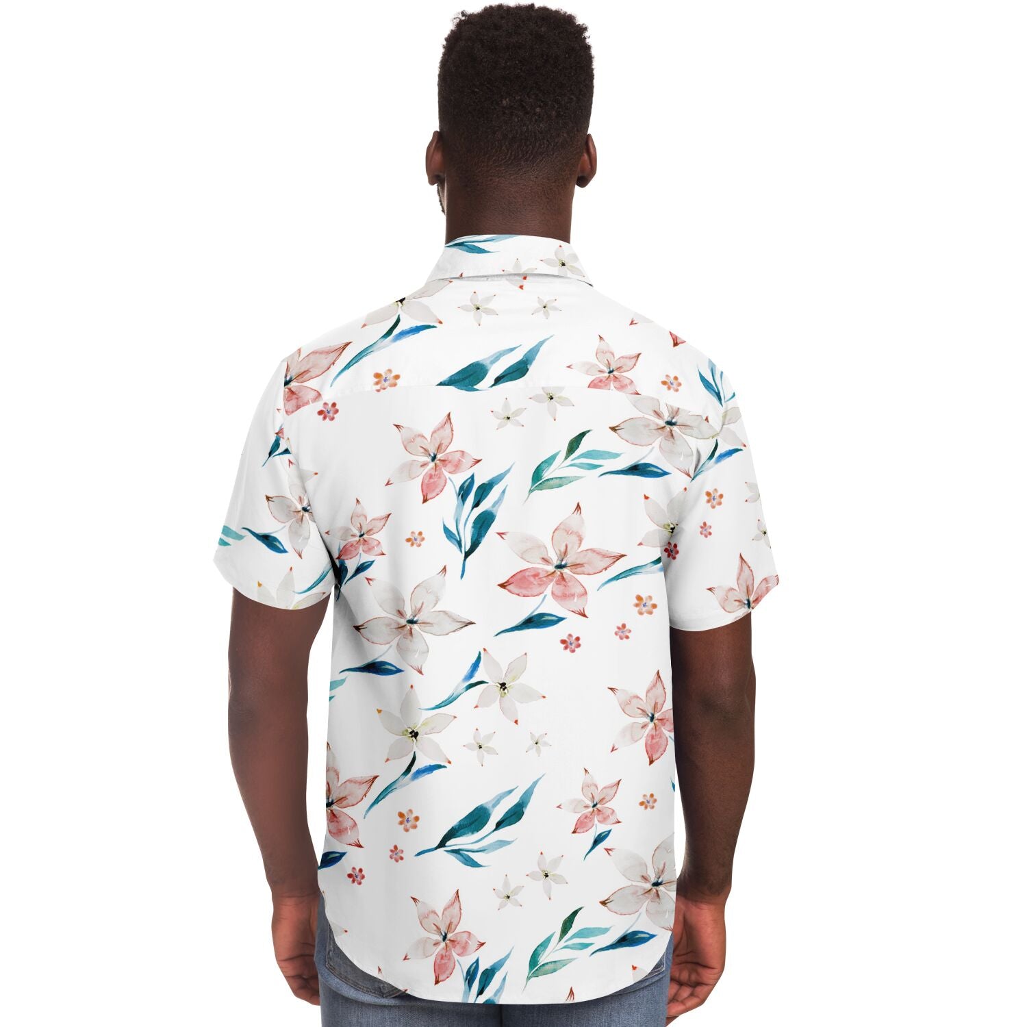 Chemise homme manches courtes blanche à lys pêche, portée par un second mannequin, vue de dos