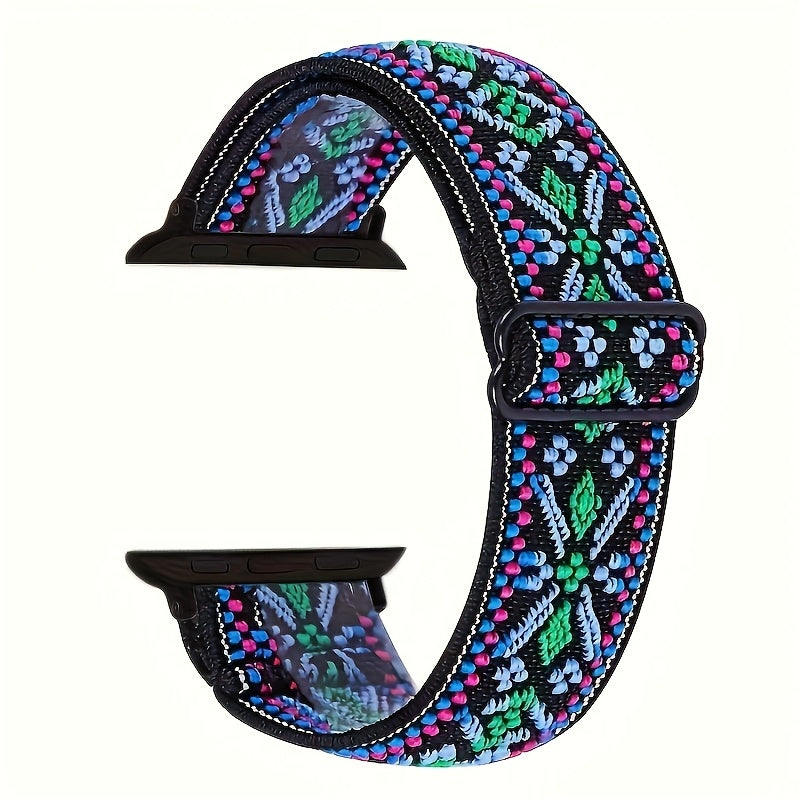 Bracelet Apple Watch élastique tissé à motifs, coloris ethnique turquoise