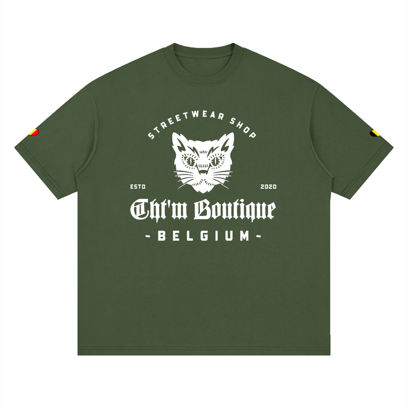 T-shirt oversized logo chat félin en vert kaki, imprimé blanc CHT'M Belgium, vue de face