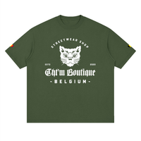 T-shirt oversized logo chat félin en vert kaki, imprimé blanc CHT'M Belgium, vue de face