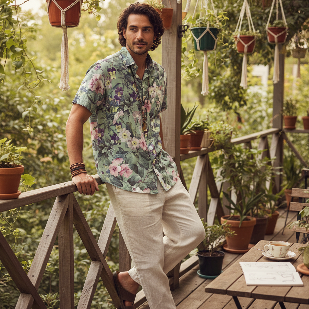 Chemise homme manches courtes vert sauge fleurs vintage, vue de face à plat