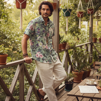 Chemise homme manches courtes vert sauge fleurs vintage, vue de face à plat