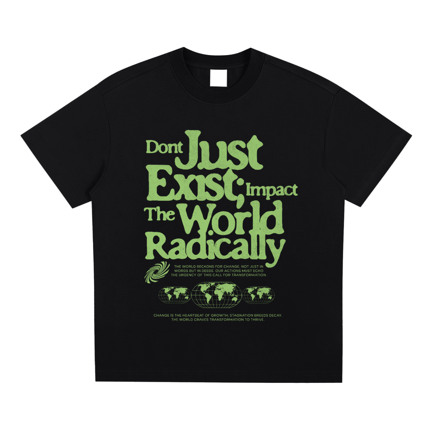 T-shirt oversized Sorona noir - imprimé Impact The World Radically en typographie vert pomme