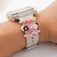 Charms en perles fleurs et smiley pour bracelet Apple Watch, coloris modèle 1 smiley rose