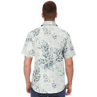 Chemise homme manches courtes blanche à feuillage vert, portée, vue de dos