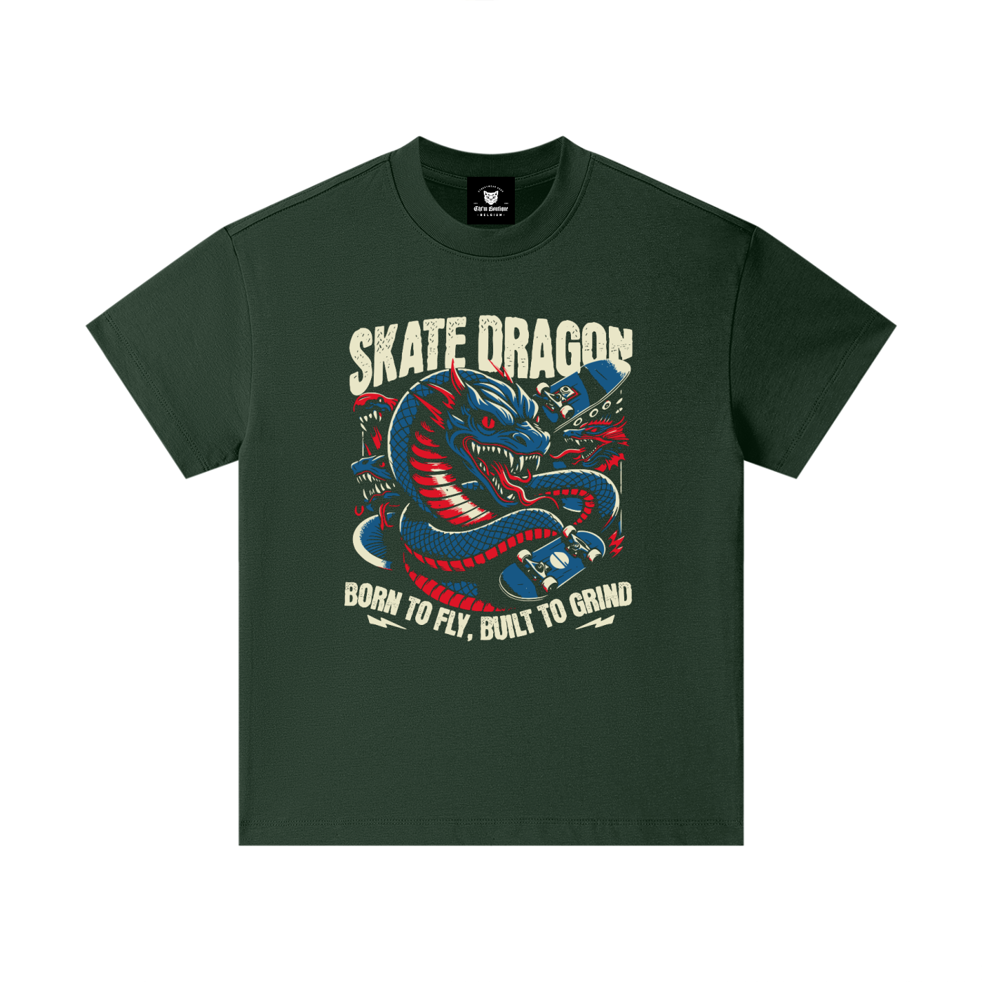 T-shirt enfant oversized Skate Dragon en vert foncé, imprimé dragon bleu et rouge sur skateboards