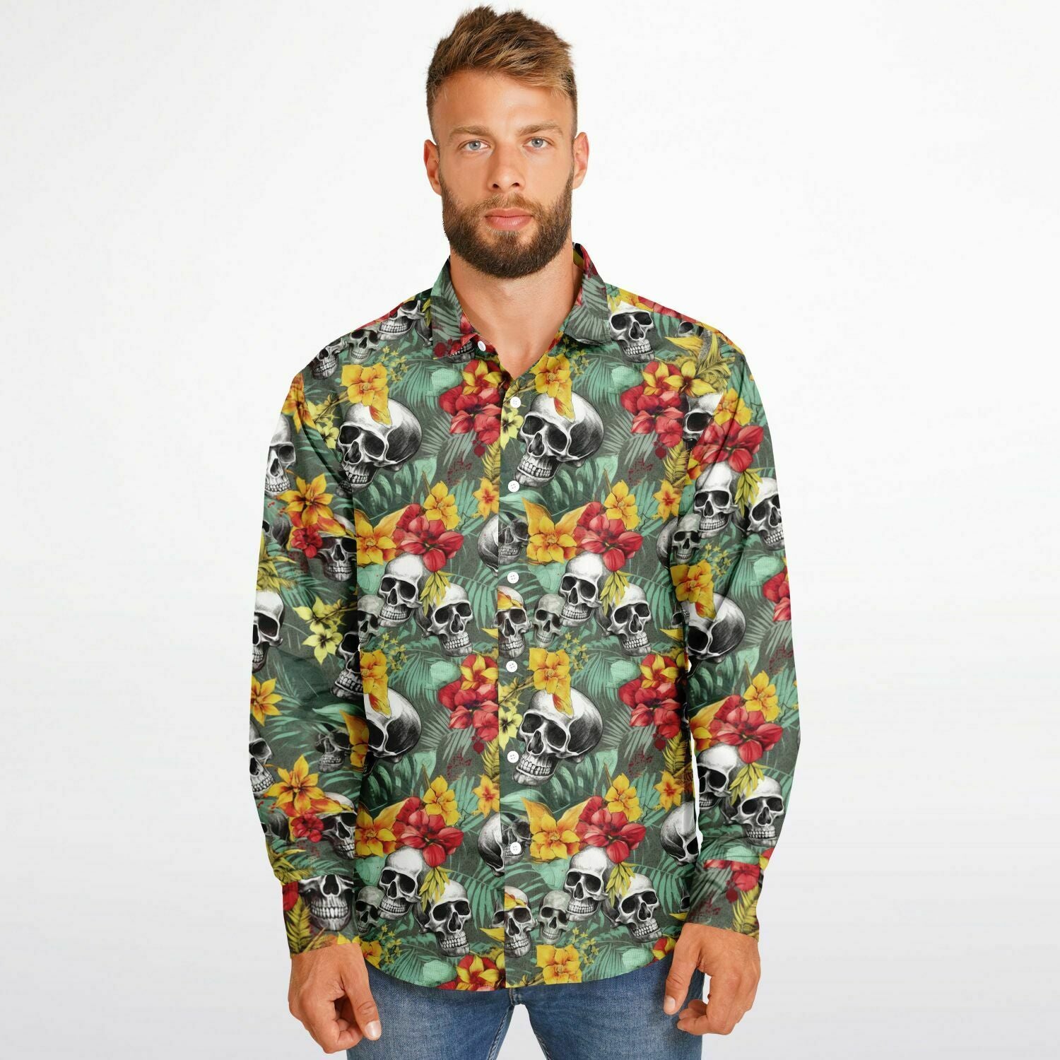 chemise tendance homme têtes de morts à fleurs