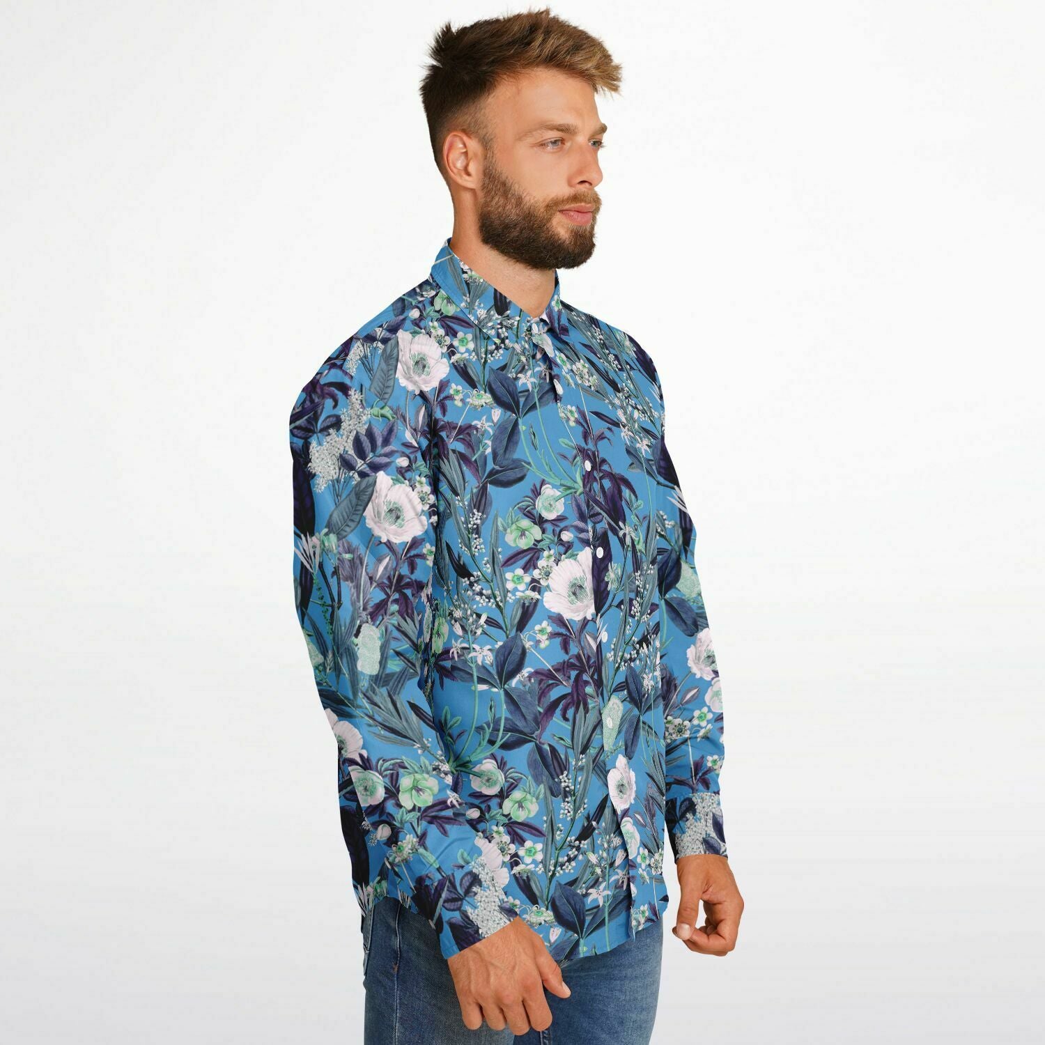 chemise à manches longues bleue à fleurs