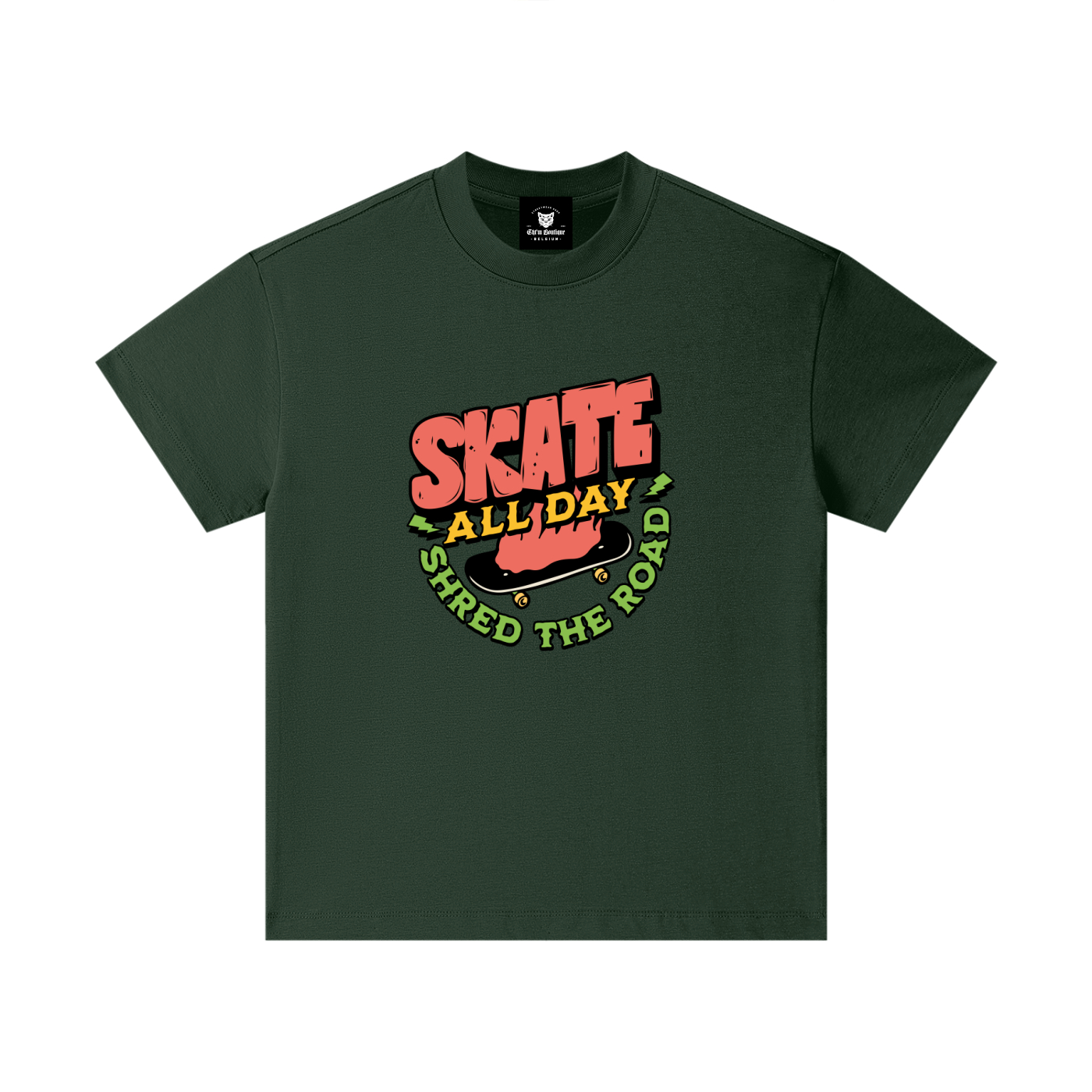 T-shirt enfant oversized Skate All Day en vert foncé - lettrage corail et skateboard