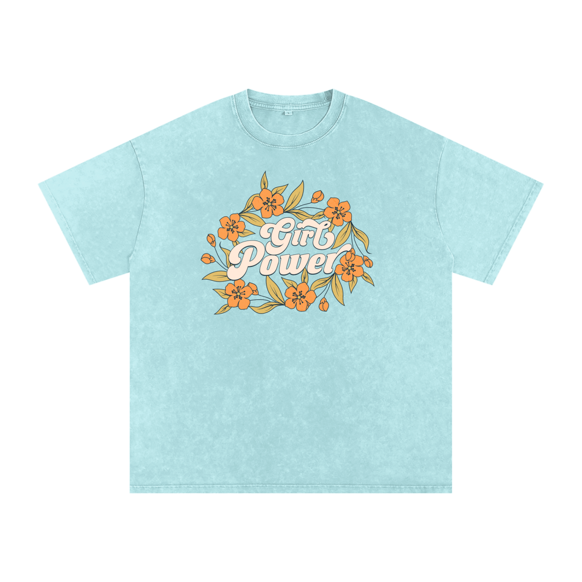 T-shirt femme oversized Girl Power en bleu ciel - bouquet de fleurs orange et lettrage crème