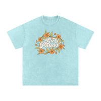 T-shirt femme oversized Girl Power en bleu ciel - bouquet de fleurs orange et lettrage crème
