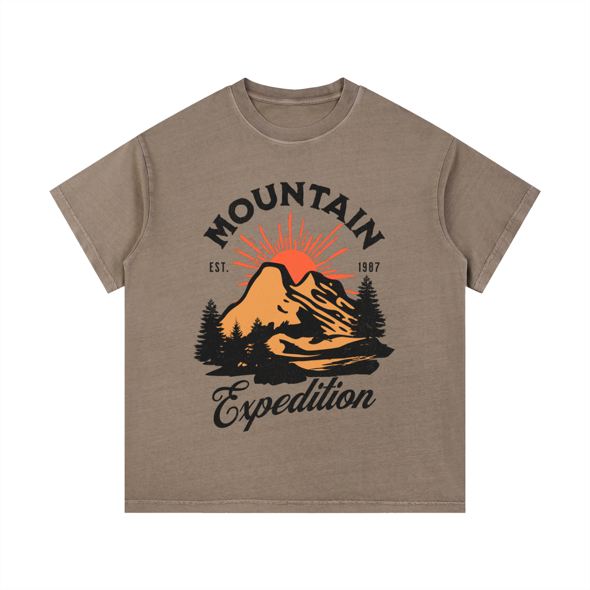 T-shirt enfant Mountain Expedition en café à plat, sommet orangé et lettrage noir
