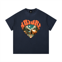 T-shirt enfant oversized Nature Heart en bleu marine à plat, imprimé camping et lettrage orange