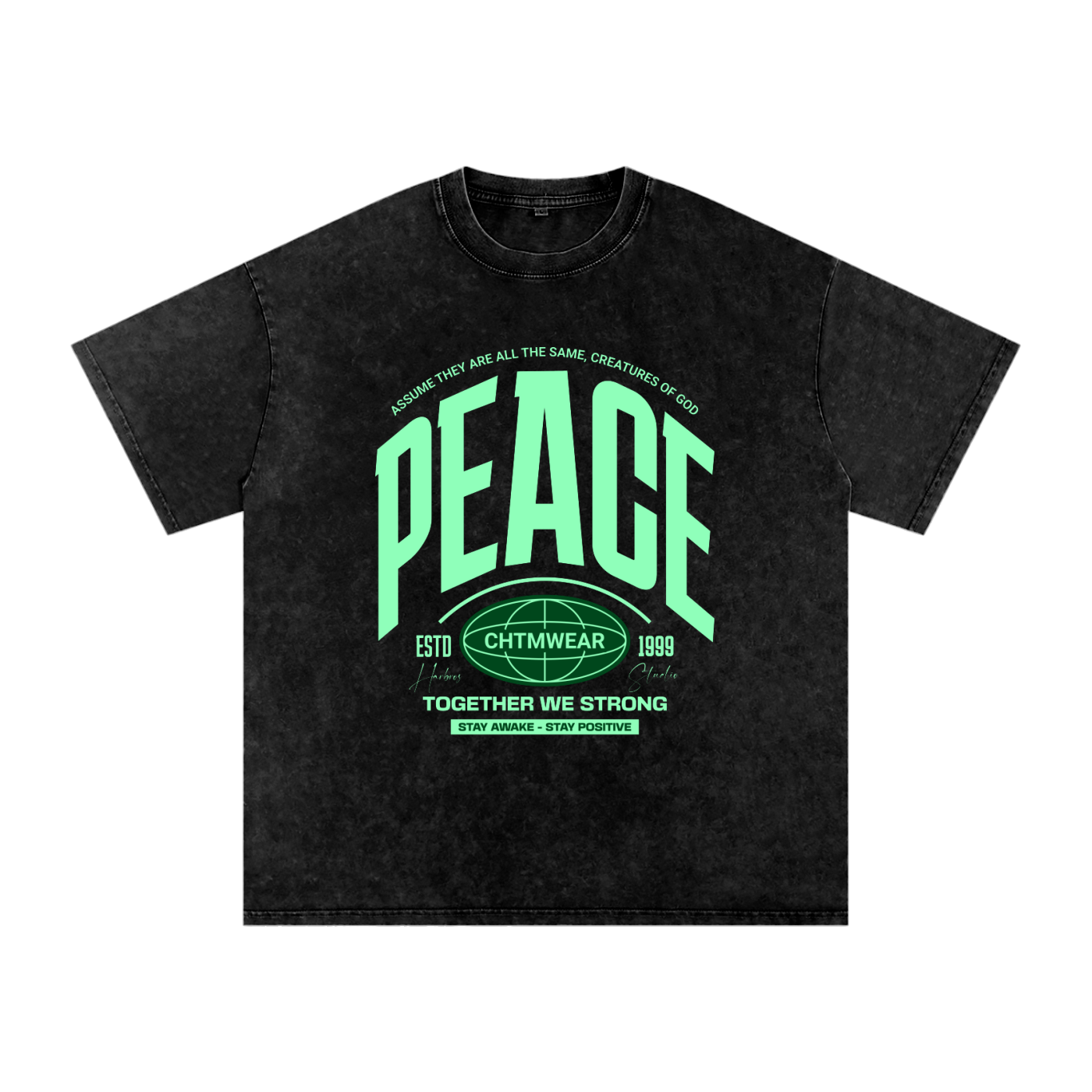 T-shirt oversized PEACE en noir délavé - lettrage varsity vert menthe sur coton snow wash