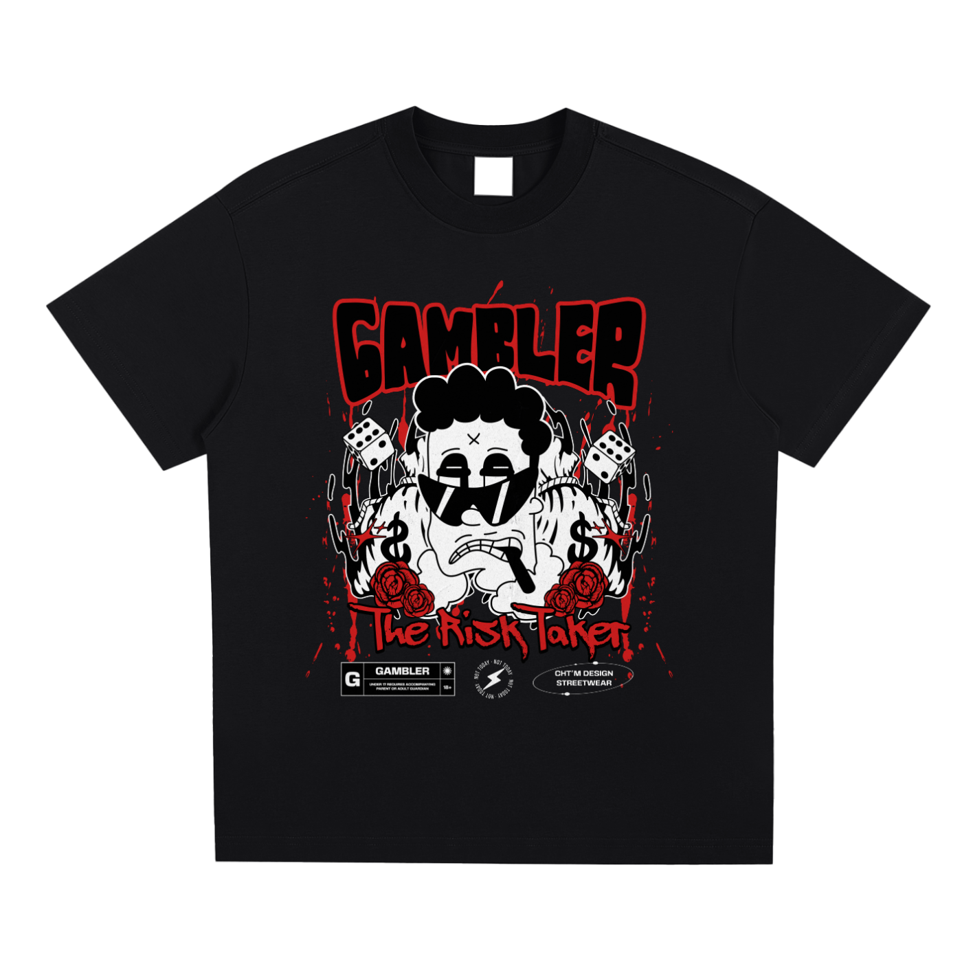 T-shirt oversized Gambler The Risk Taker en noir - imprimé rouge et blanc pleine poitrine