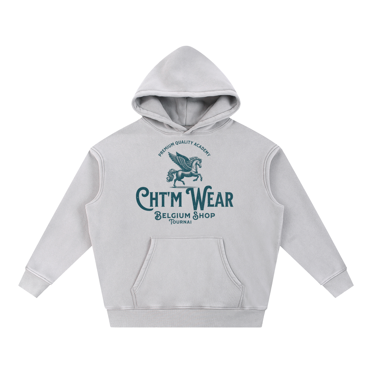 Hoodie oversize délavé CHT'M Wear gris clair, vue de face avec le design pégase Belgium Shop Tournai