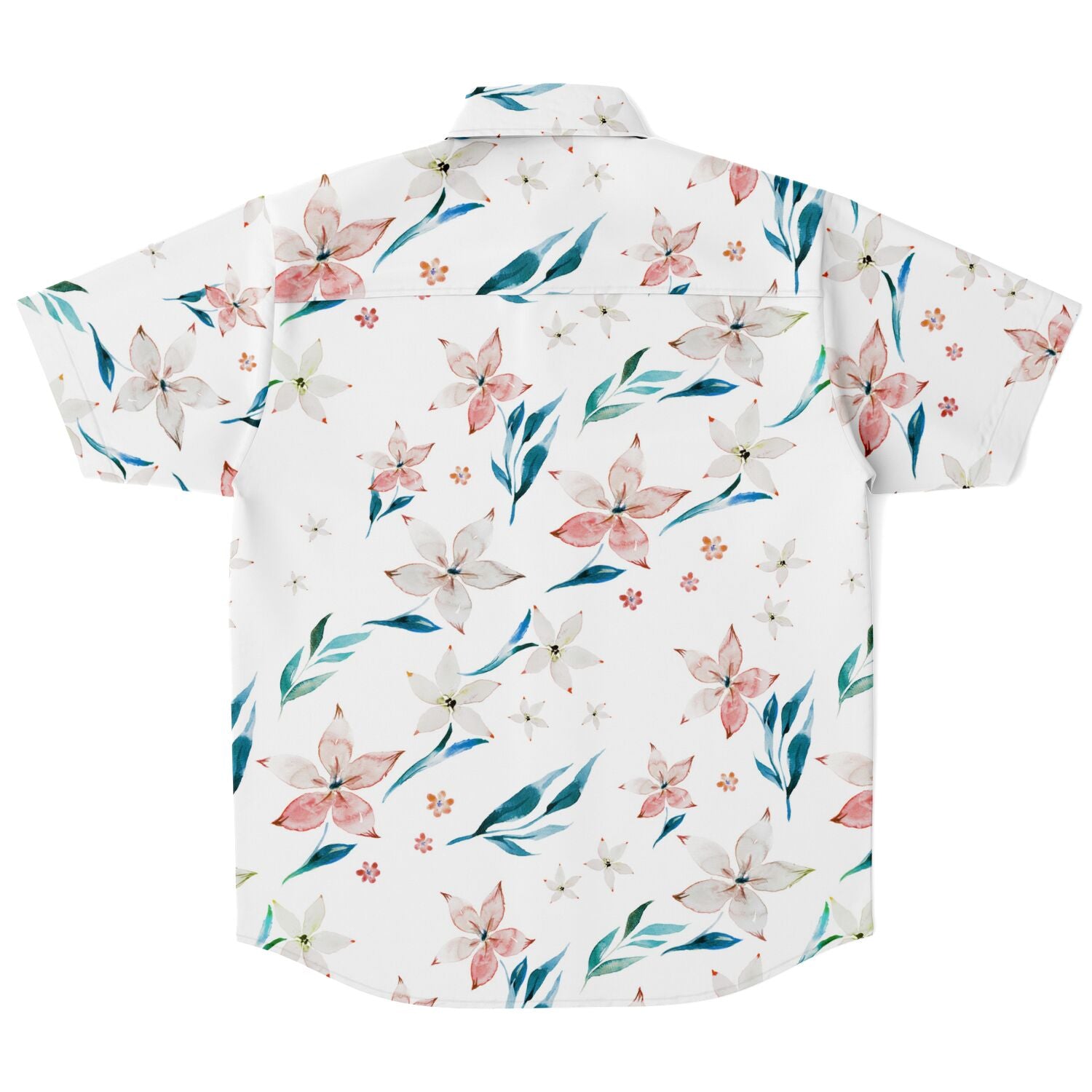 Chemise homme manches courtes blanche à lys pêche, vue de dos à plat