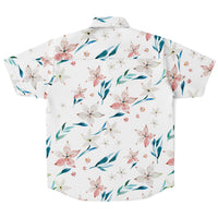 Chemise homme manches courtes blanche à lys pêche, vue de dos à plat