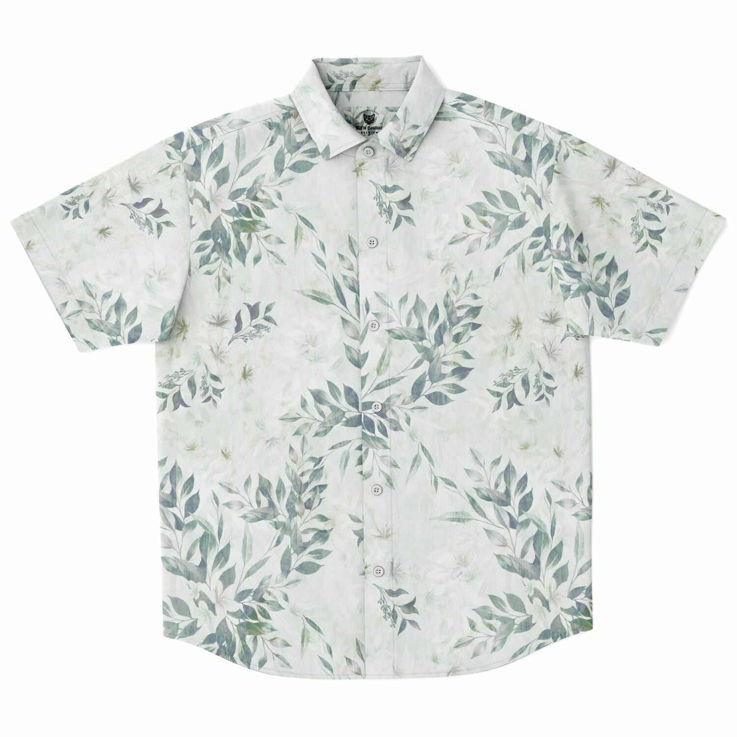Chemise homme manches courtes blanche à feuillage vert, vue de face à plat
