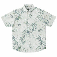Chemise homme manches courtes blanche à feuillage vert, vue de face à plat
