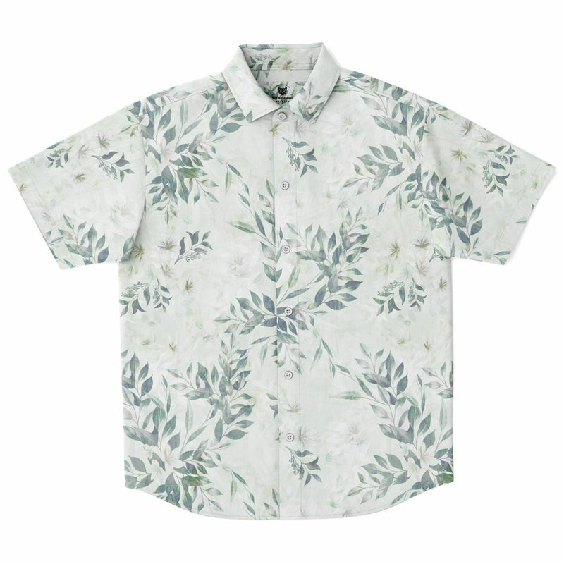 Chemise homme manches courtes blanche à feuillage vert, vue de face à plat