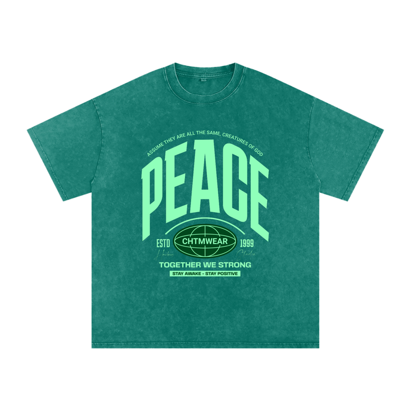 T-shirt oversized PEACE en vert foncé délavé - lettrage varsity vert menthe et globe CHTMWEAR