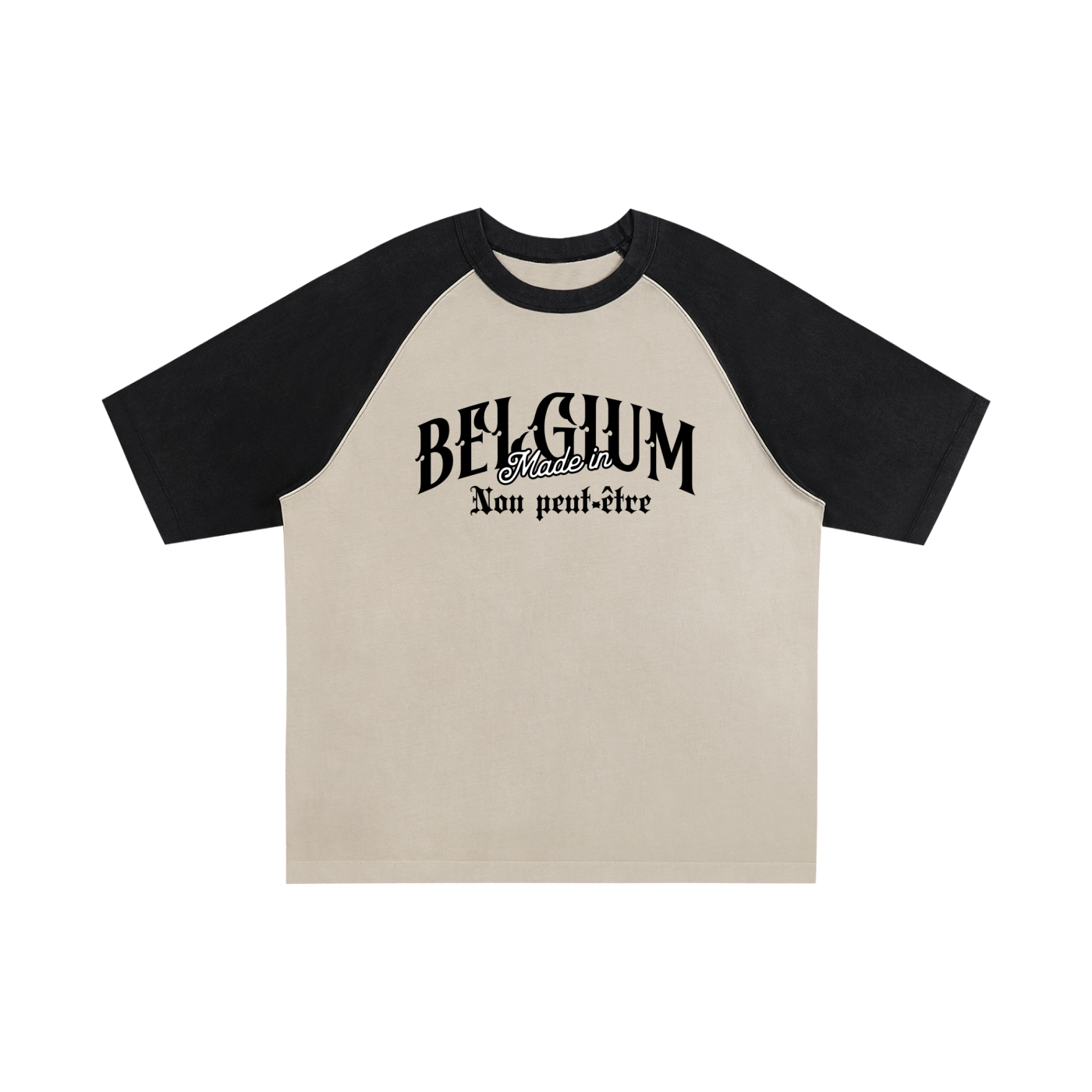 T-shirt belge raglan Made in Belgium coloris Abricot clair à bras noirs, lettrage varsity BELGIUM