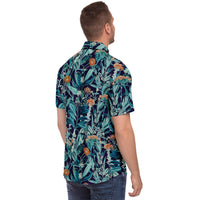 Chemise homme manches courtes jungle bleu canard, portée, profil droit