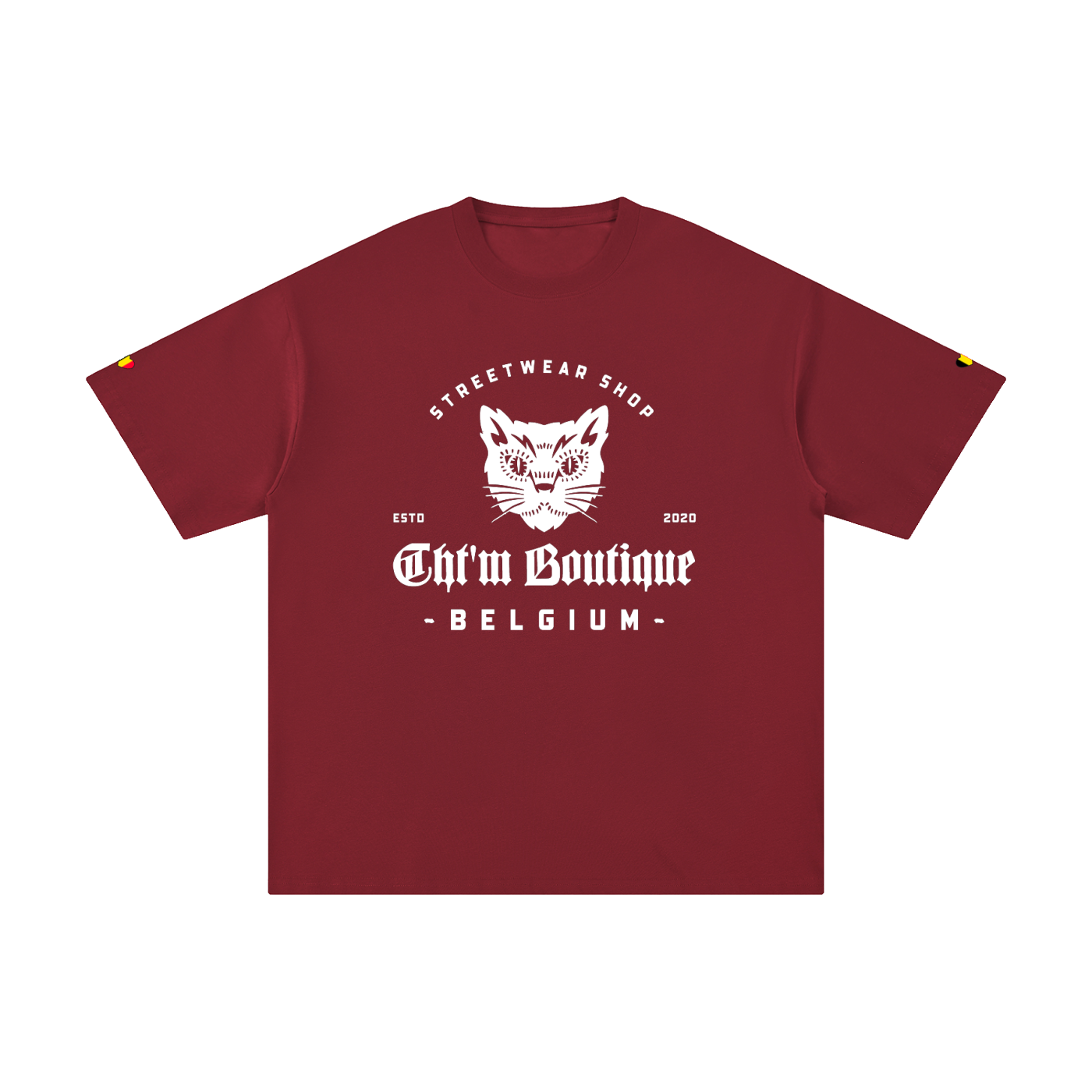 T-shirt oversized logo chat gothique en bordeaux, imprimé blanc CHT'M Boutique Belgium, vue de face