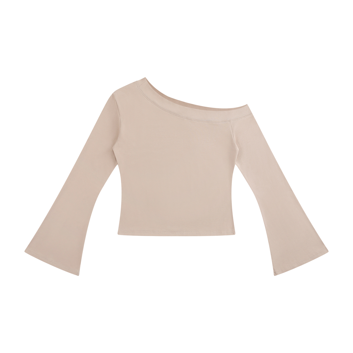 T-shirt femme asymétrique épaule dénudée crop top beige, vue de face