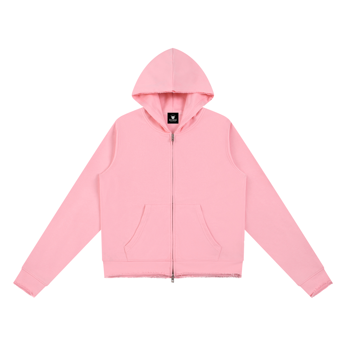 Sweat zippé capuche femme rose à bord brut, vue de face