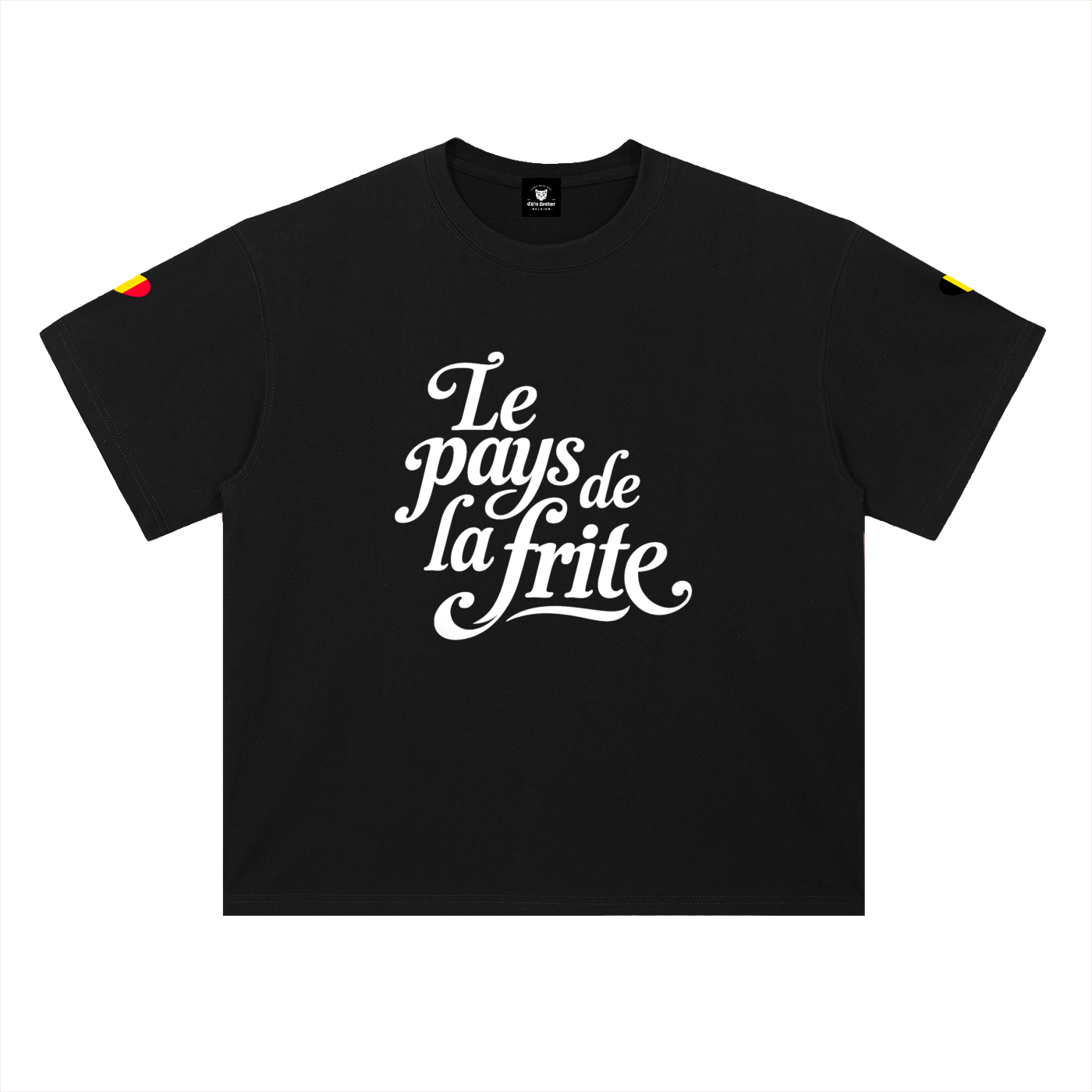 T-shirt belge oversized noir à plat, Le Pays de la Frite en typo cursive blanche