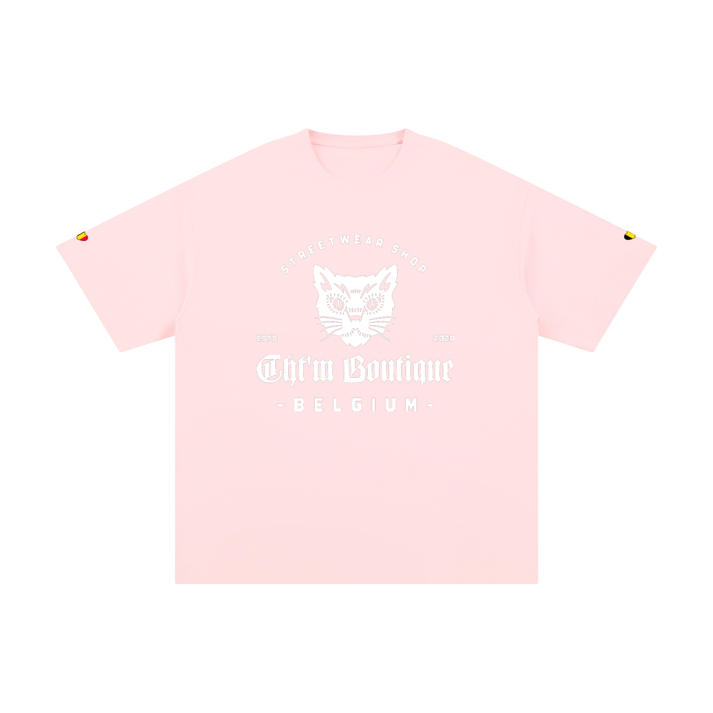 T-shirt oversized logo chat gothique en rose clair, imprimé blanc CHT'M Belgium, vue de face