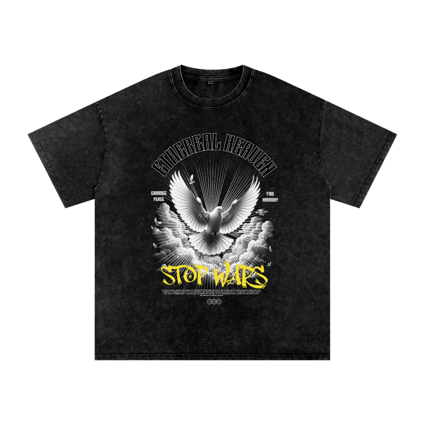 T-shirt oversized Stop Wars noir délavé à plat - colombe de la paix et lettrage graffiti jaune