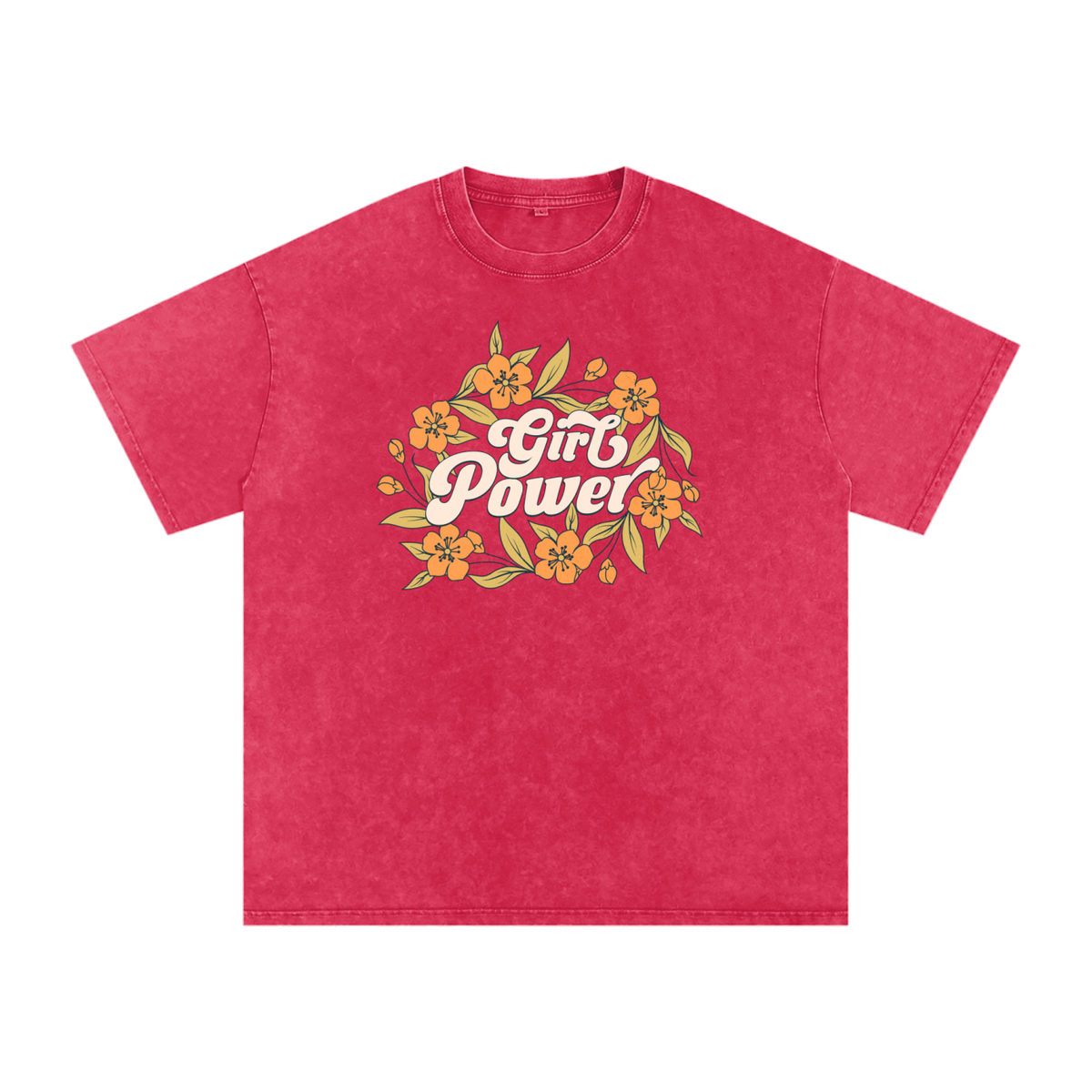 T-shirt femme oversized Girl Power en rouge foncé délavé - bouquet de fleurs orange et script crème