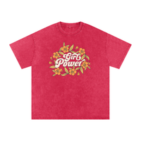 T-shirt femme oversized Girl Power en rouge foncé délavé - bouquet de fleurs orange et script crème