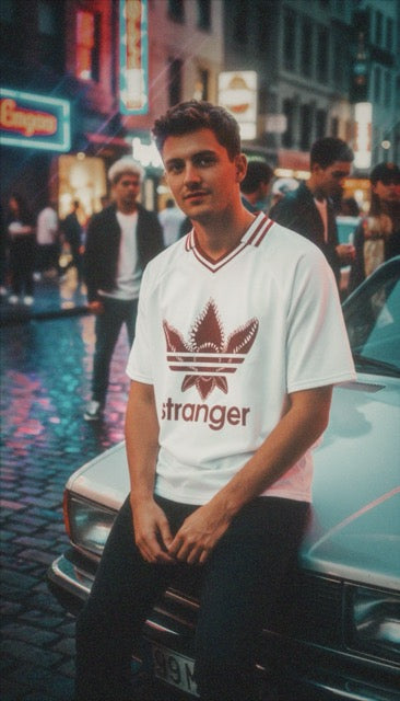 T-shirt oversized stranger porté en rue de nuit - imprimé rouge central et coupe ample